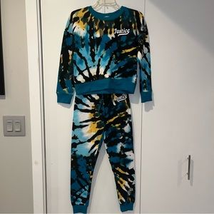 Justice Tie-Dye Crew Neck Sweatshirt and Joggers SET - Blue Teal Yellow Black